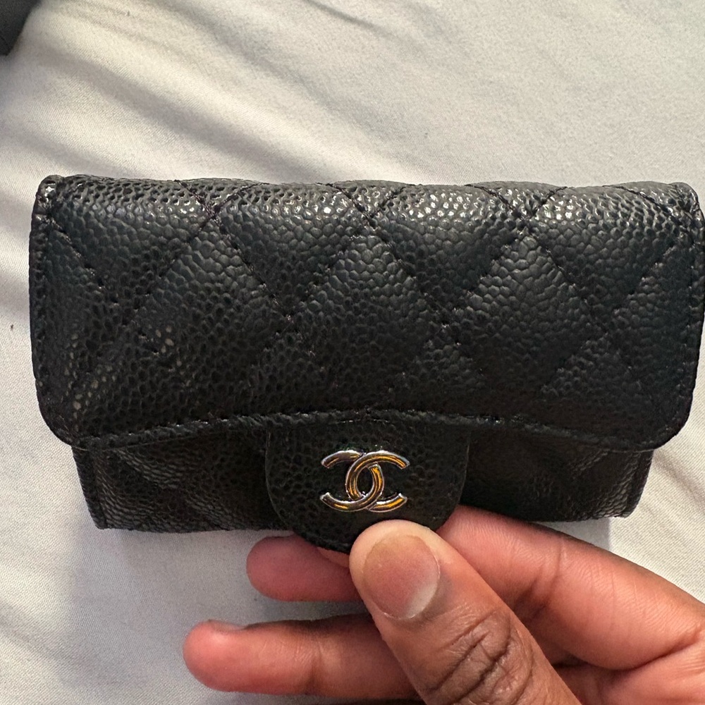 CHANEL Black Quilted Caviar Leather Card Wallet with Gold CC